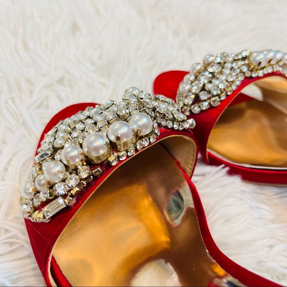 Badgley Mischka Red Satin Rhinestone Ankle Strap Heels 7M - Picture 6 of 9